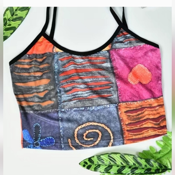 Cropped Tank Top spaghetti straps colorful pink black patchwork print. Cute - Picture 5 of 5
